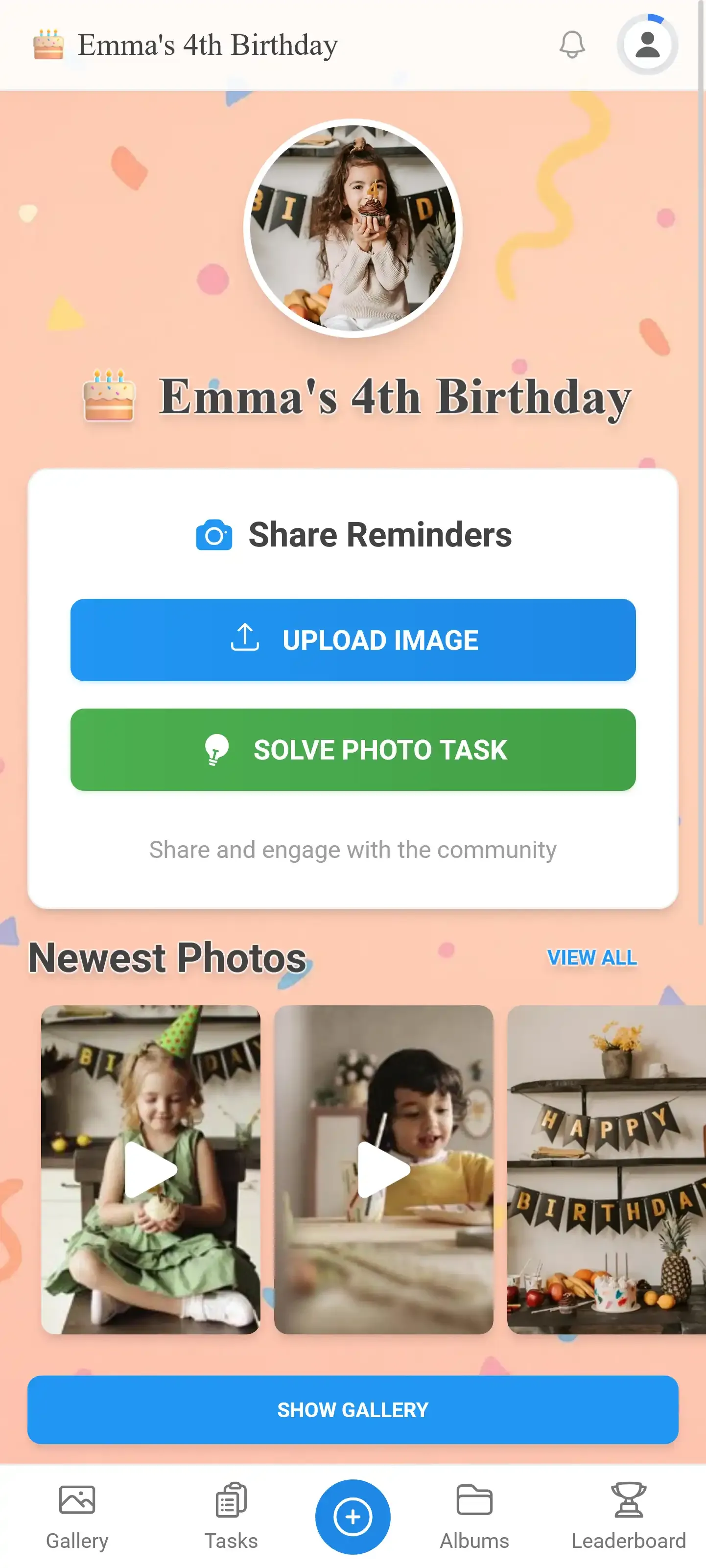Celebration event start page
