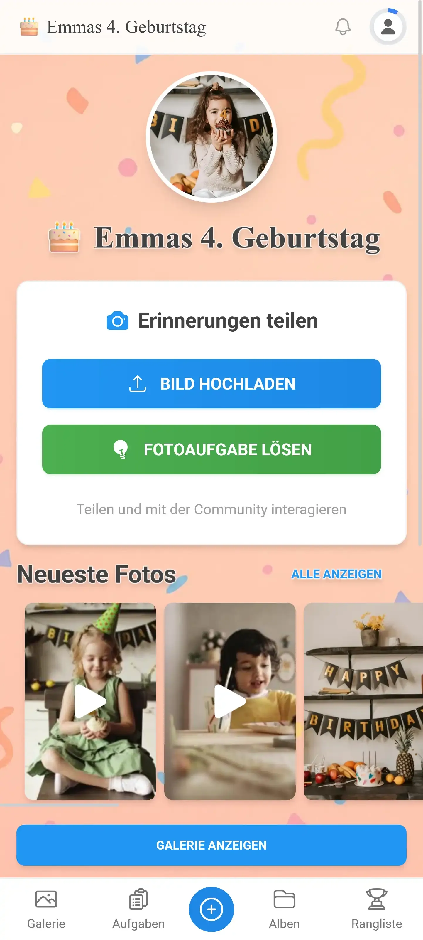 Startseite eines Feier-Events