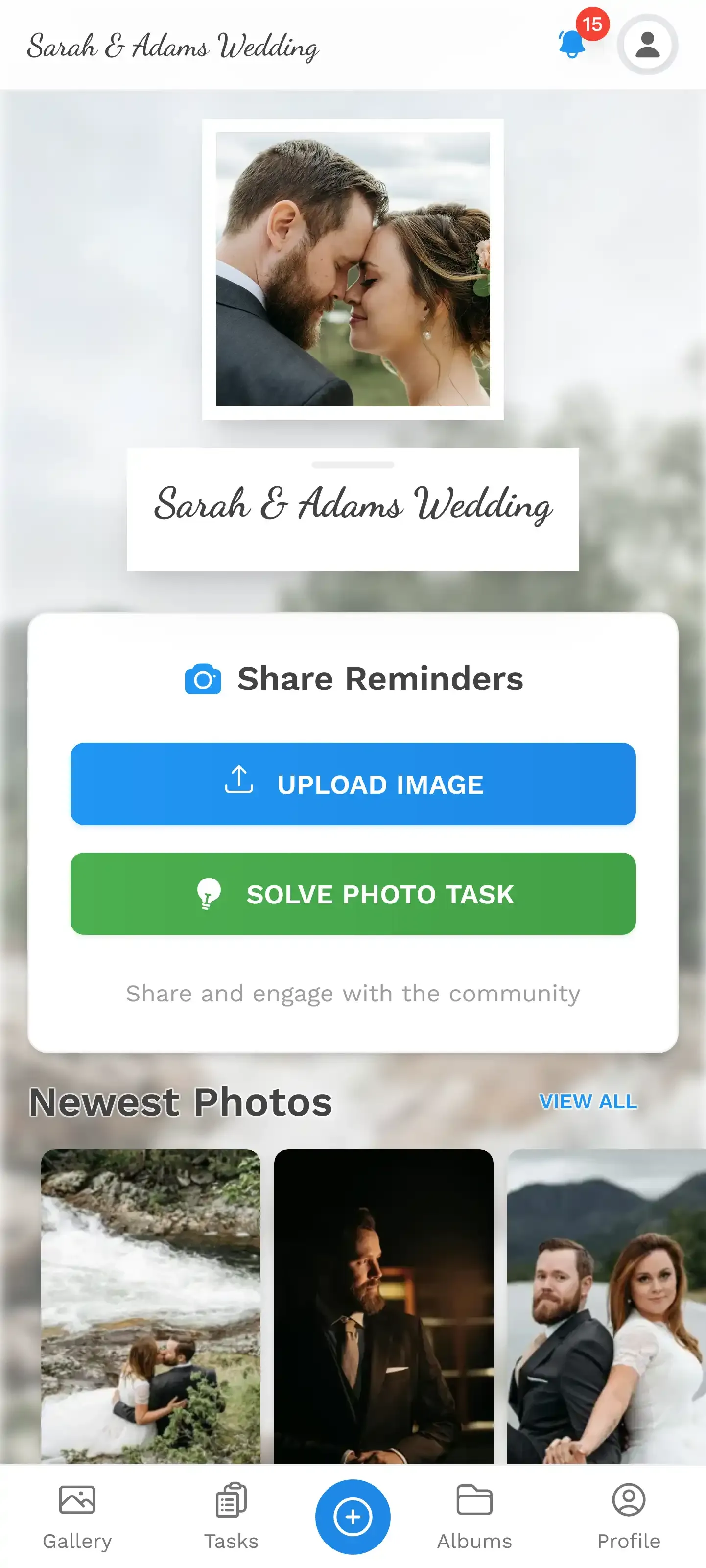 Wedding gallery start page on a smartphone
