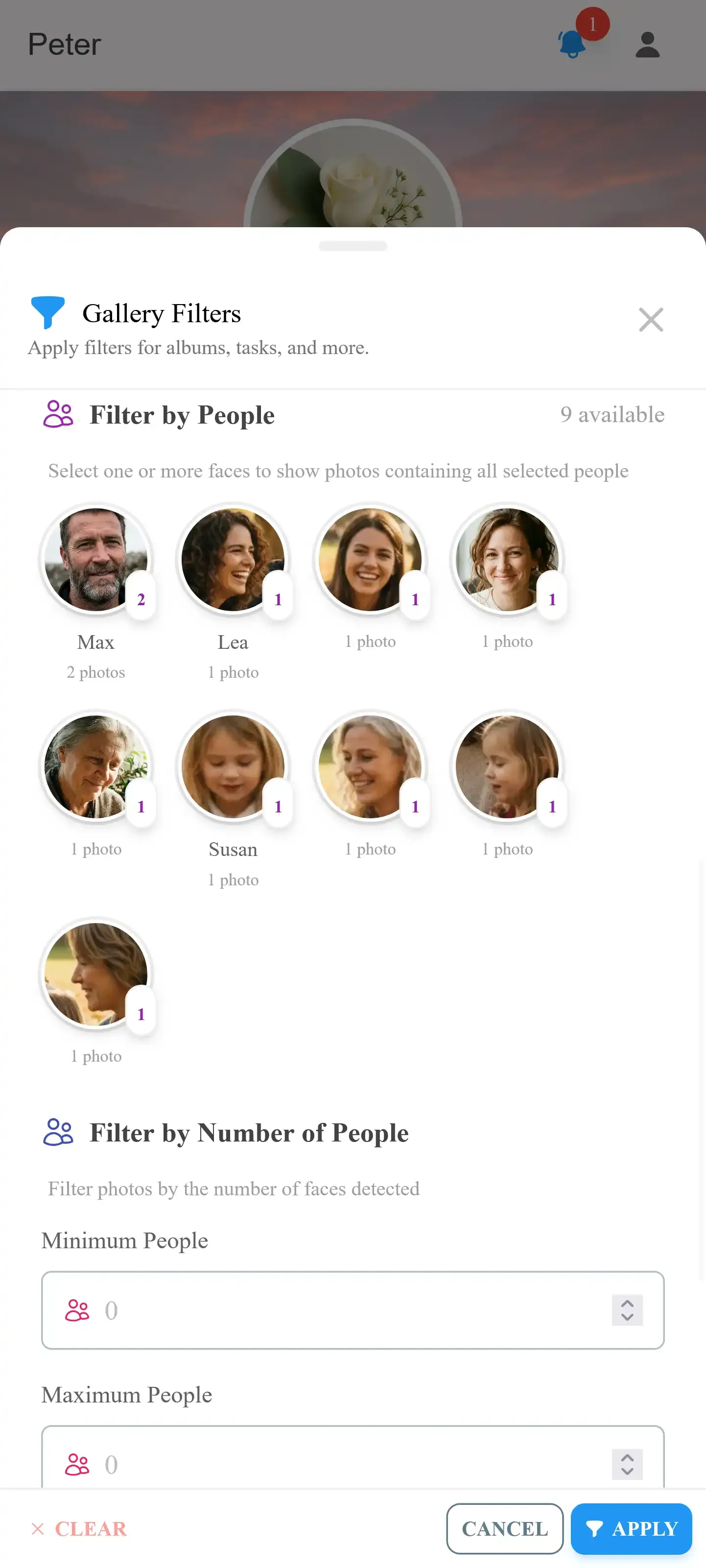 AI face recognition filter showing clusters