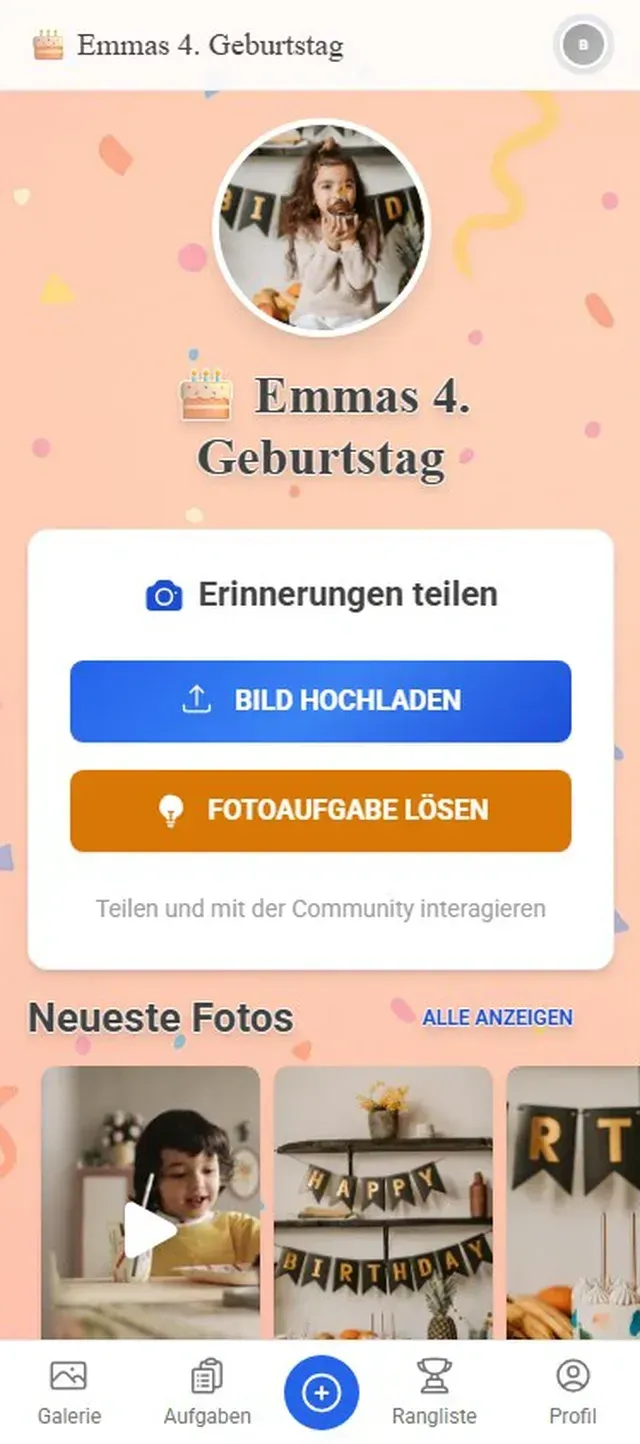 Startseite eines Feier-Events