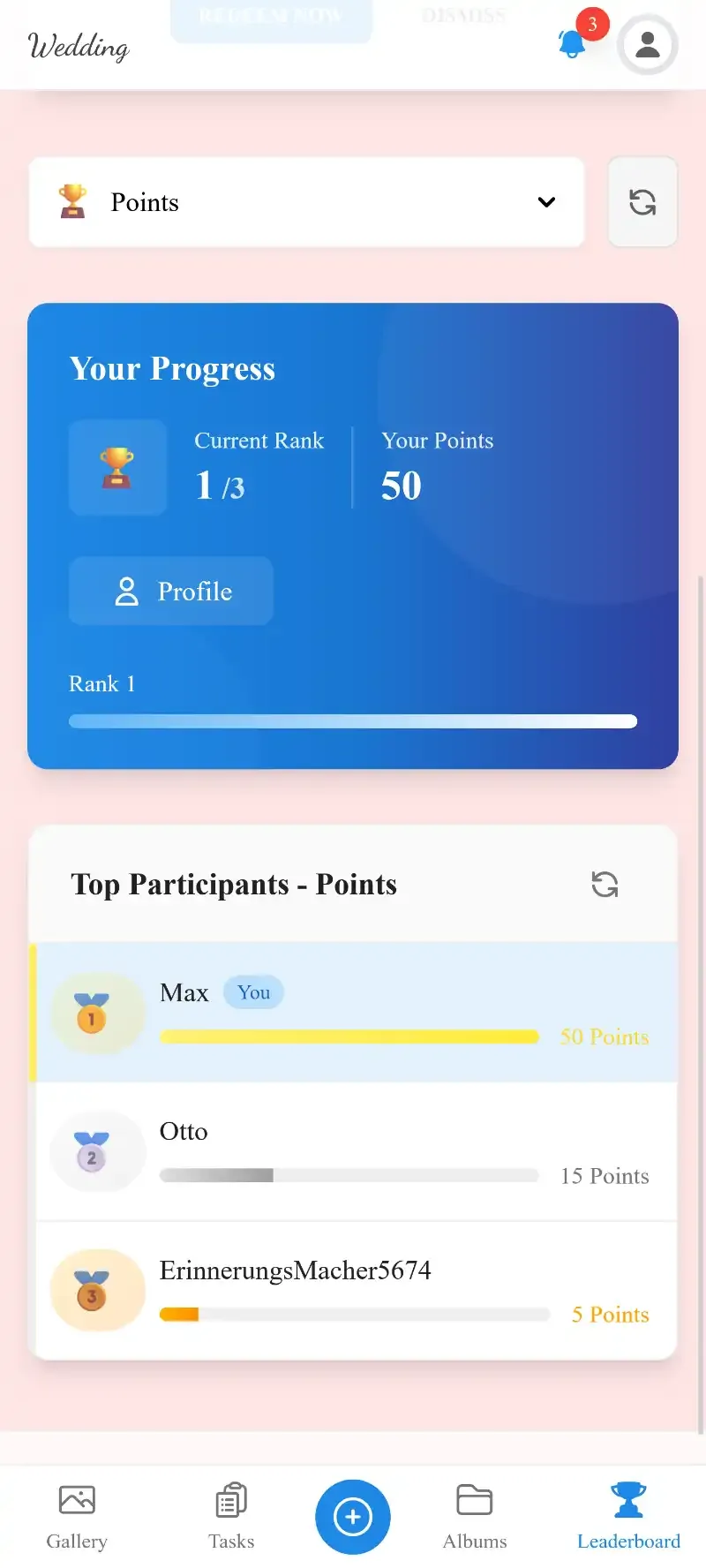 Guest leaderboard showing upload rankings at a wedding