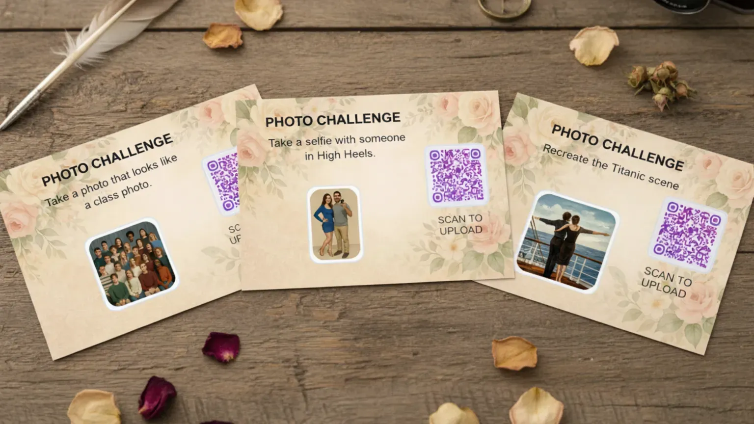 Printed challenge cards on event table