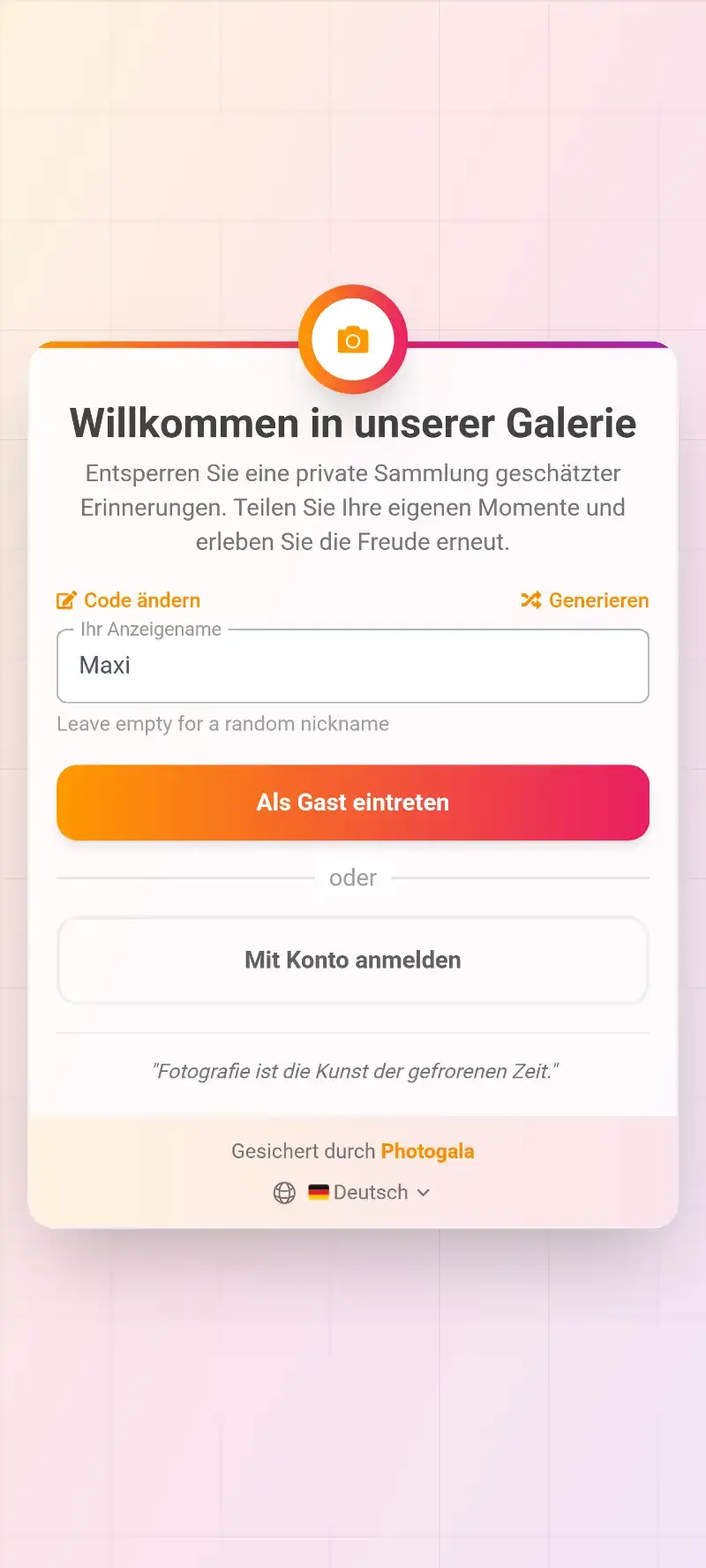 Gast gibt Namen ein um der Galerie beizutreten