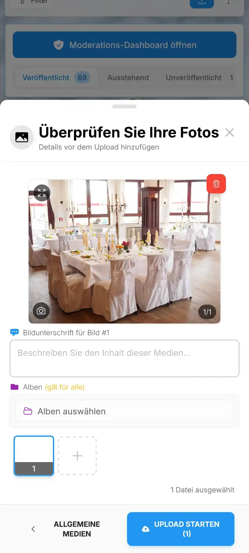 Foto-Upload-Bildschirm auf dem Handy