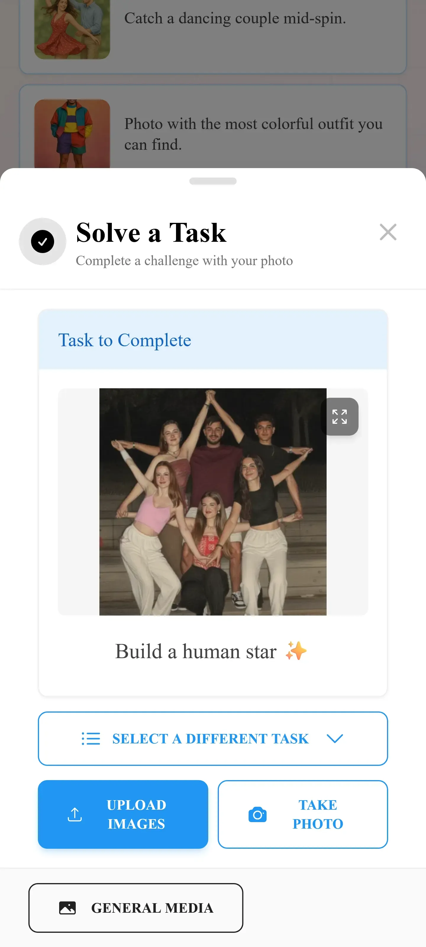 Photo challenge tasks in the Photogala mobile interface