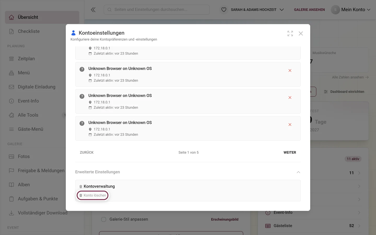 Reiter Sicherheit, aufgeklappte Erweiterte Einstellungen mit markiertem Eintrag Konto löschen