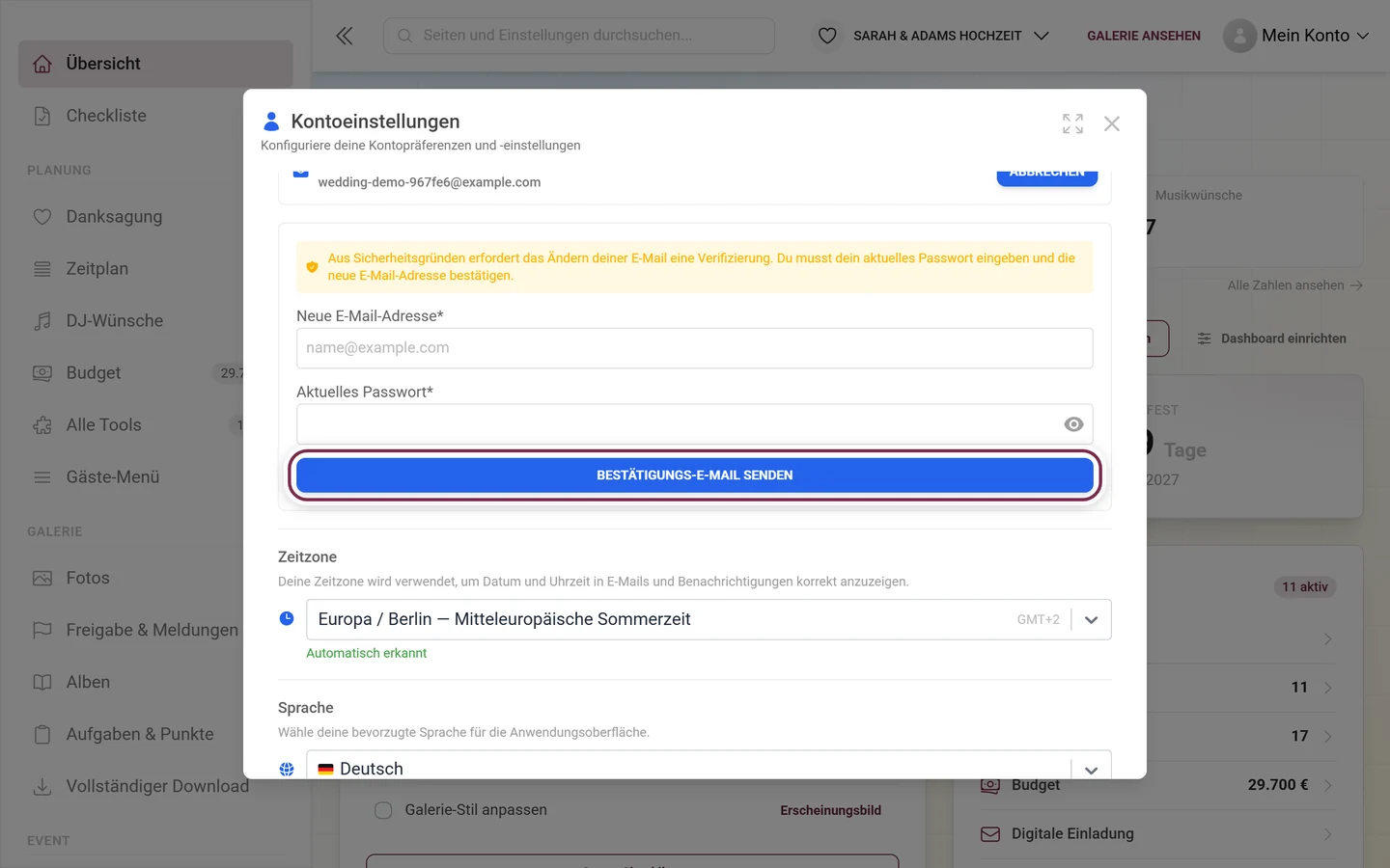 Kontoeinstellungen mit geöffnetem Formular zur E-Mail-Änderung, der Knopf Bestätigungs-E-Mail senden ist markiert