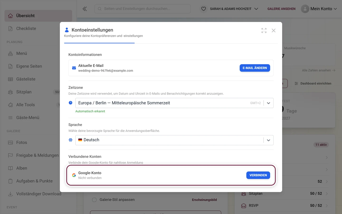 Kontoeinstellungen, Abschnitt Verbundene Konten mit der markierten Zeile Google-Konto