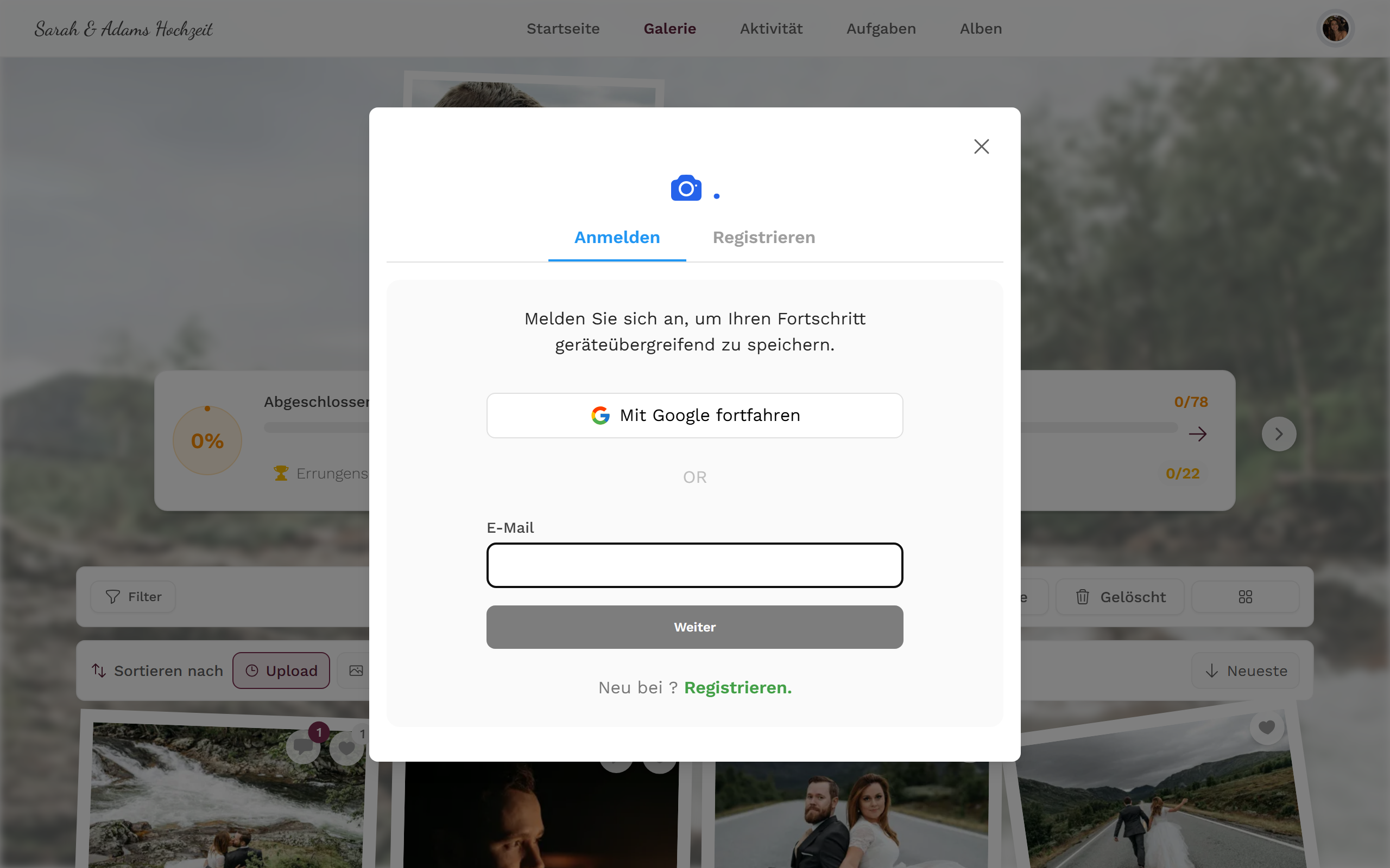 Anmelde-Dialog mit Google und E-Mail-Optionen