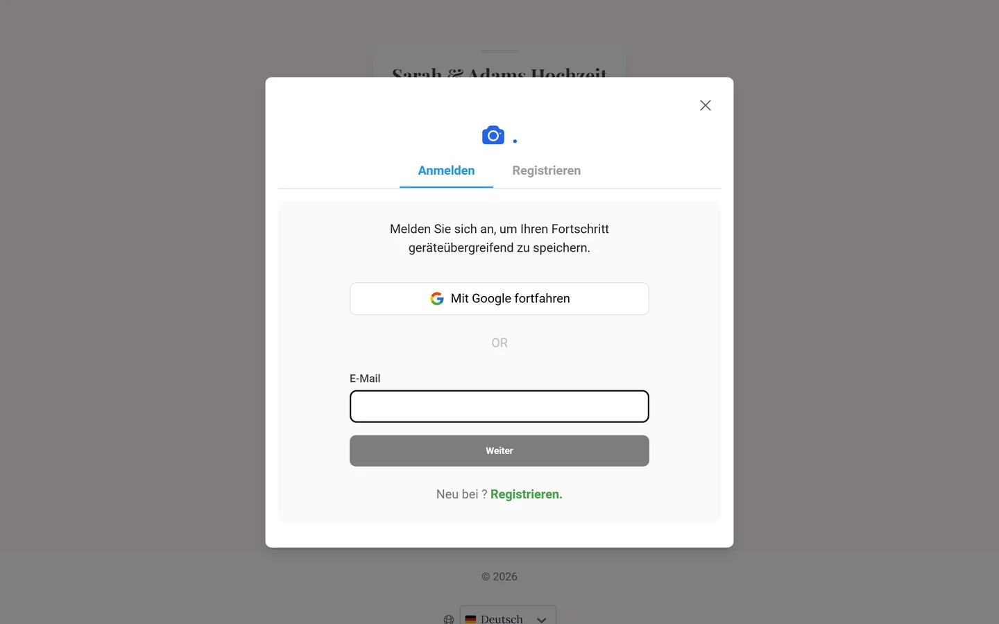 Anmelde-Dialog mit Google und E-Mail-Optionen