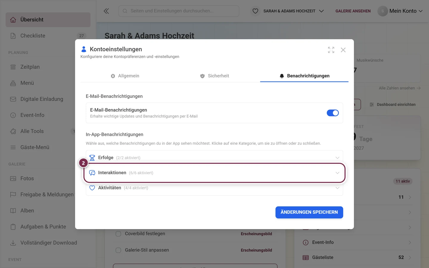 Reiter Benachrichtigungen mit den drei zugeklappten Kategorien, die Kopfzeile Interaktionen ist rot markiert