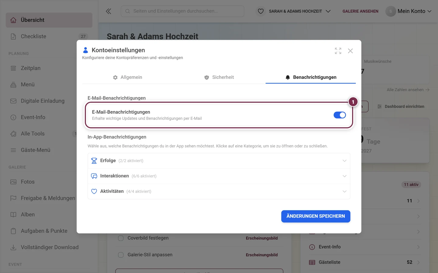 Reiter Benachrichtigungen mit rot markiertem Kasten E-Mail-Benachrichtigungen und dem Umschalter rechts