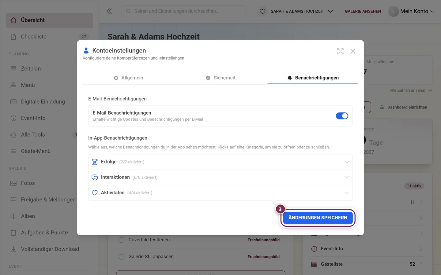 Unteres Ende des Reiters Benachrichtigungen mit dem rot markierten Knopf Änderungen speichern