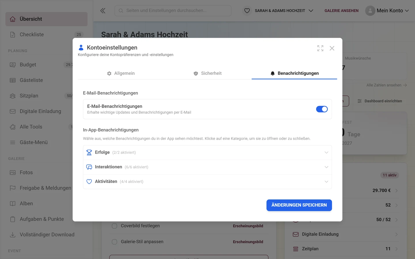Dialog Kontoeinstellungen mit dem aktiven Reiter Benachrichtigungen