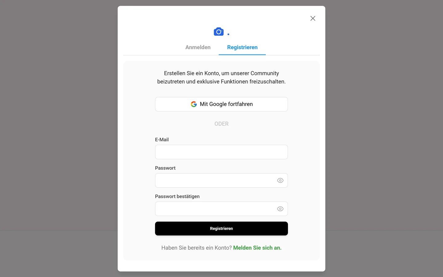Registrieren-Ansicht mit E-Mail-, Passwort- und Passwort-bestätigen-Feldern
