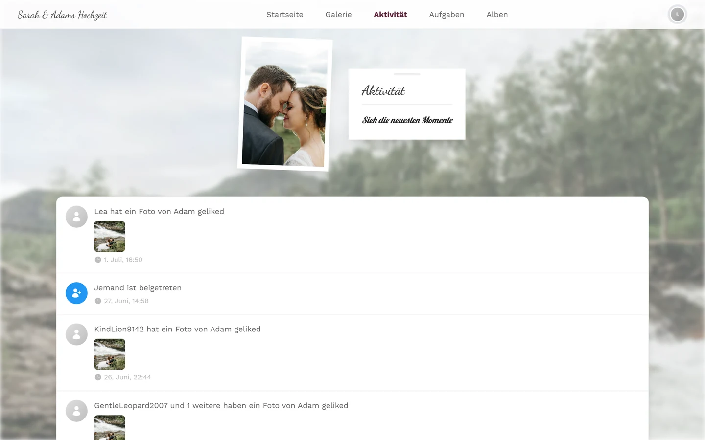 Chronologische Liste mit neuen Uploads, Kommentaren, Likes und Erfolgen