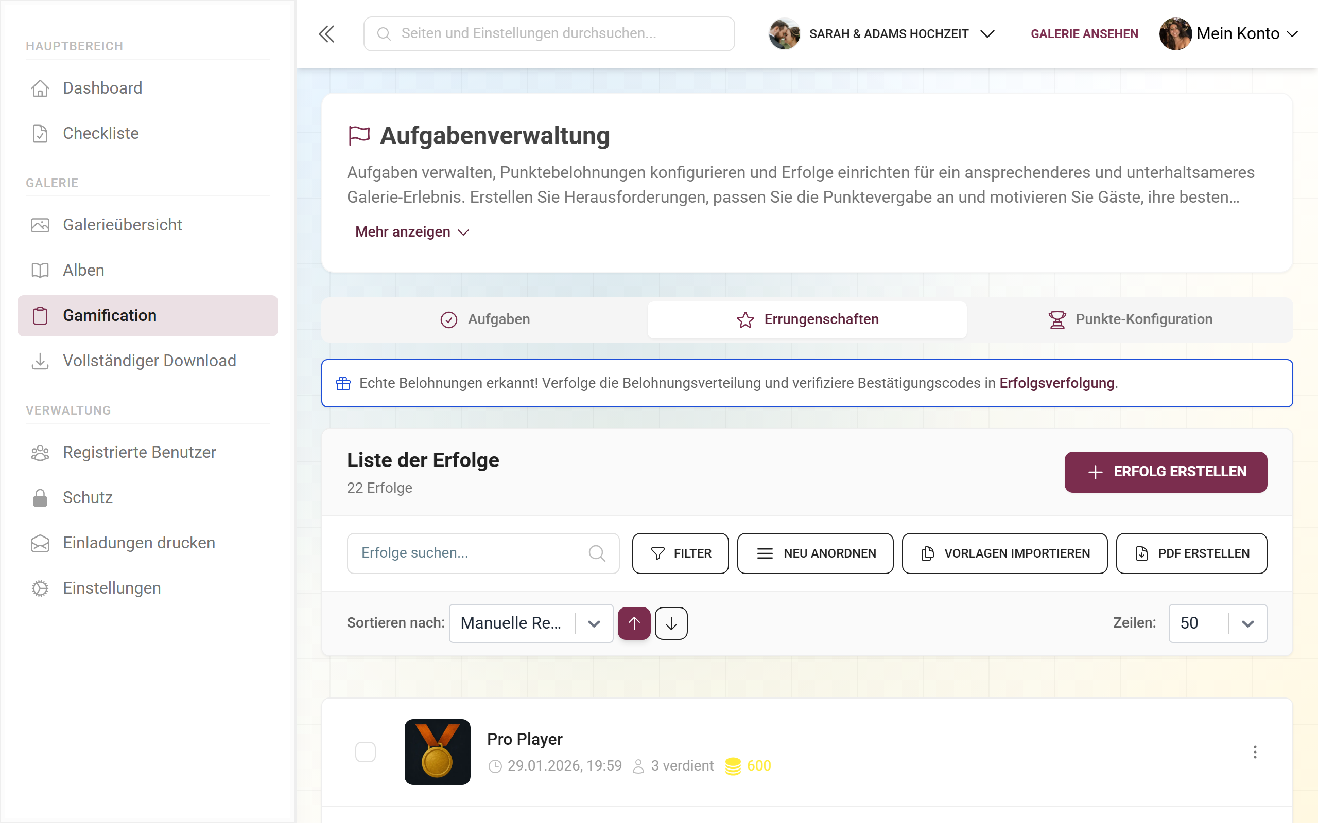 Achievements-Editor mit Liste der Erfolge