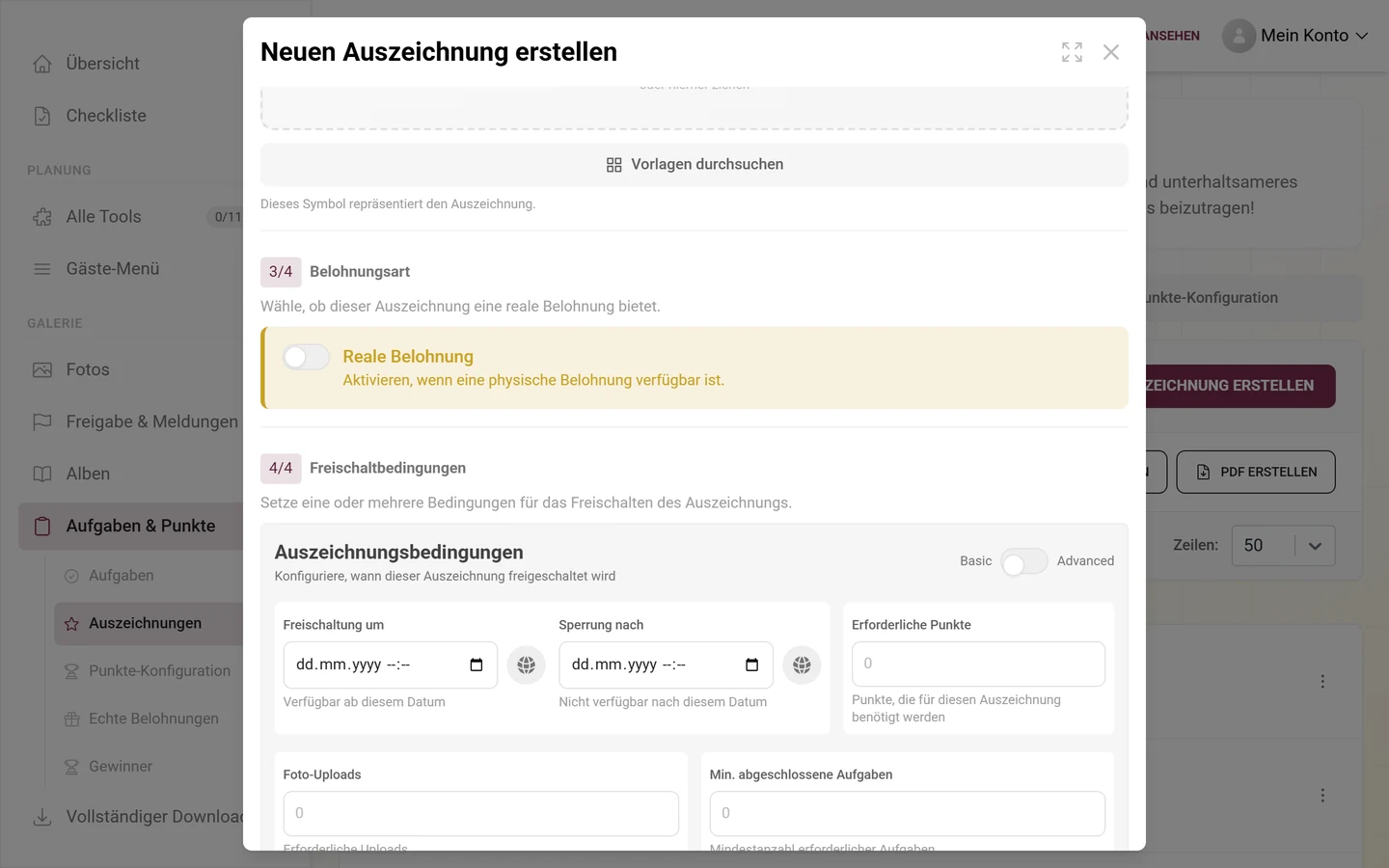 Abschnitt 4/4 Freischaltbedingungen mit dem Umschalter Basic/Advanced und den Feldern Freischaltung um, Sperrung nach, Erforderliche Punkte, Foto-Uploads