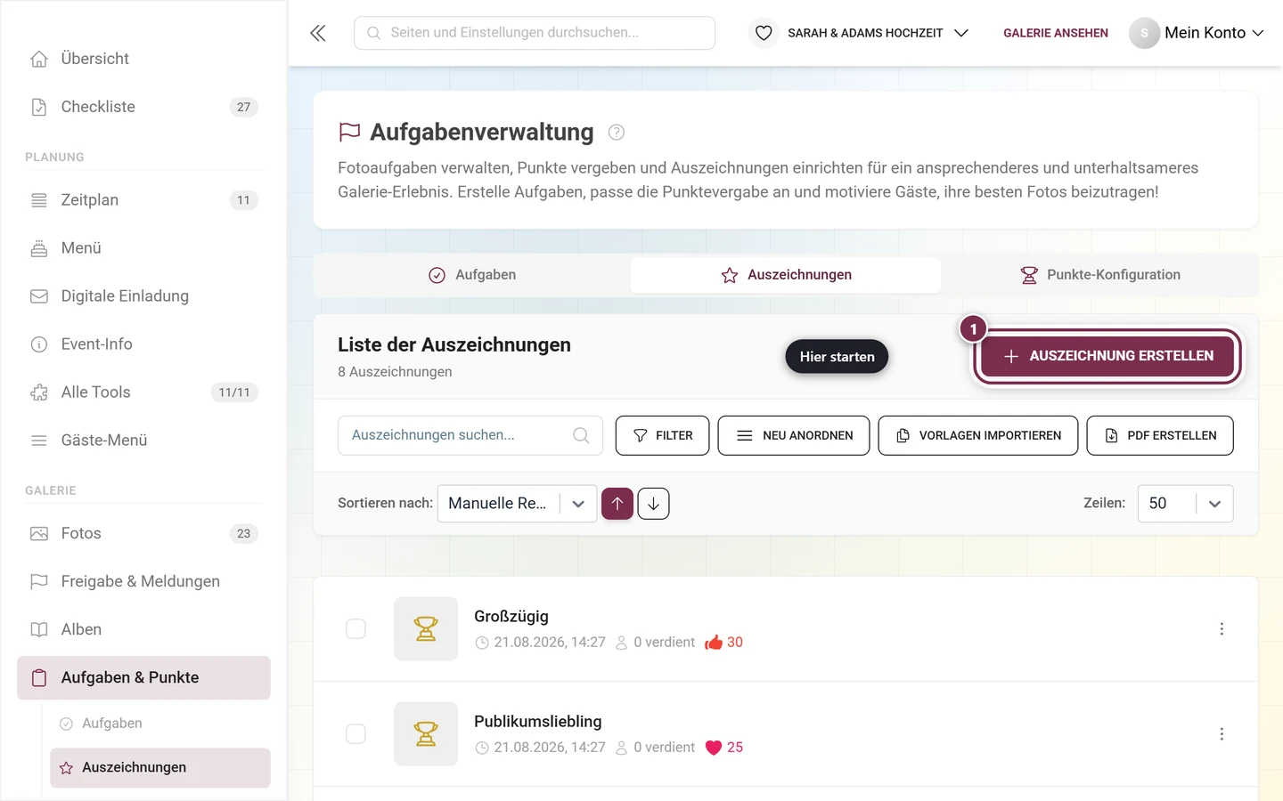 Auszeichnungs-Verwaltung mit rot markiertem Knopf Auszeichnung erstellen über der Liste