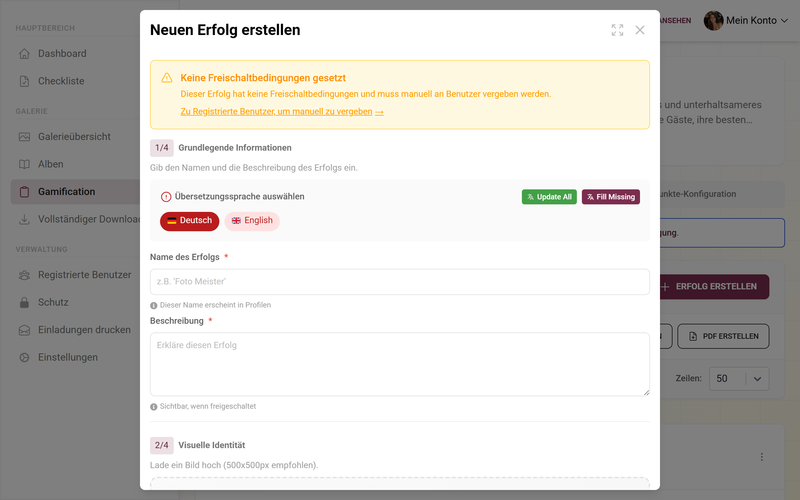 Dialog zum Anlegen eines Erfolgs mit Name, Bedingung und Belohnung