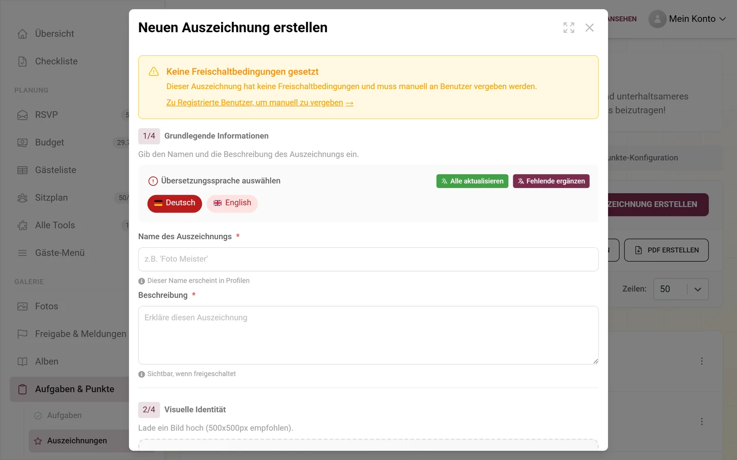 Dialog zum Anlegen einer Auszeichnung mit Name, Bedingung und Belohnung