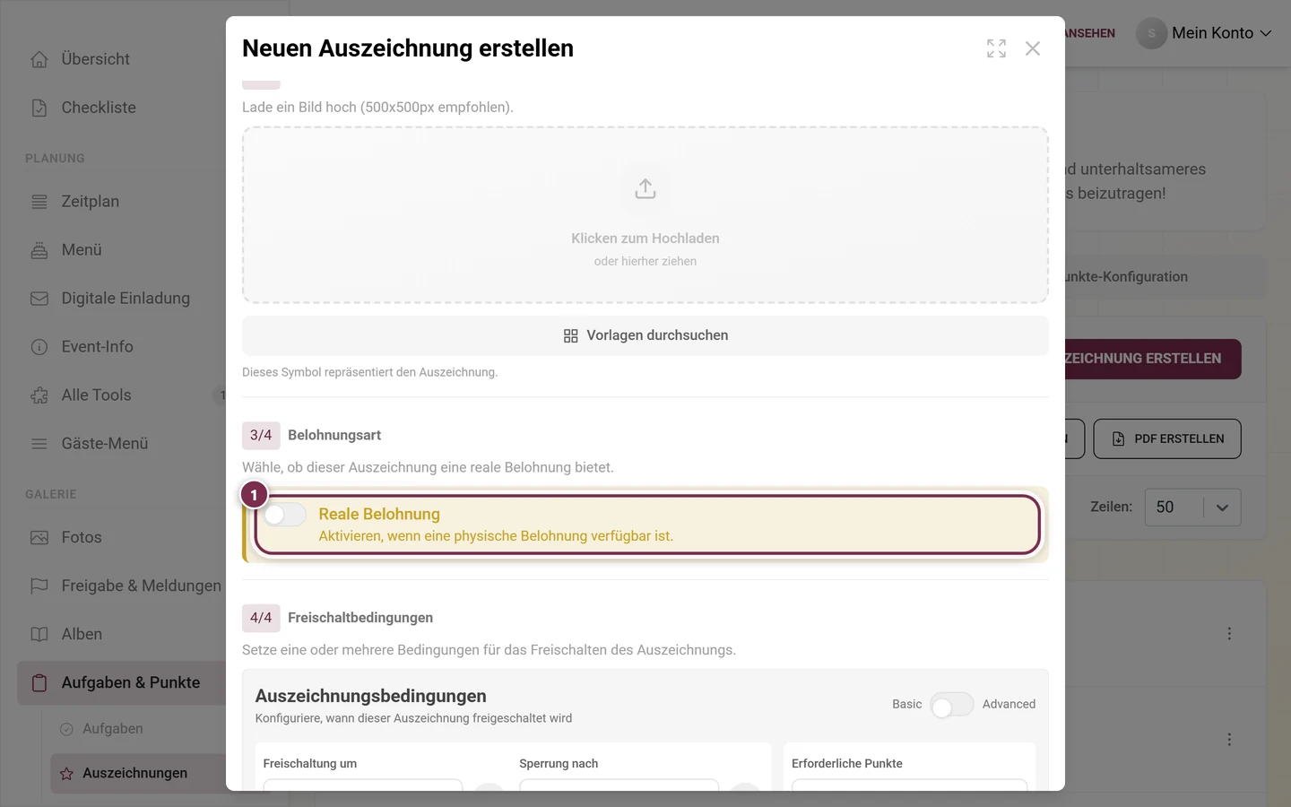 Abschnitt Belohnungsart im Editor mit rot markiertem, noch ausgeschaltetem Schalter Reale Belohnung