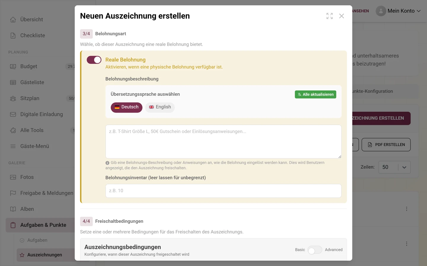 Abschnitt 3/4 Belohnungsart mit eingeschaltetem Schalter Reale Belohnung, Belohnungsbeschreibung und Belohnungsinventar