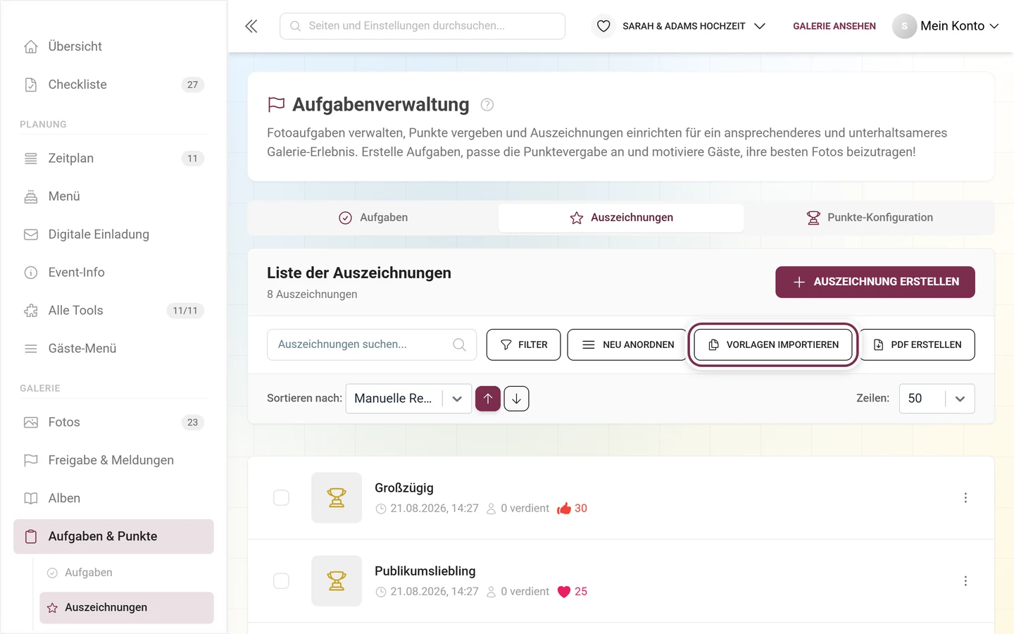 Werkzeugleiste der Auszeichnungs-Verwaltung mit rot markiertem Knopf Vorlagen importieren