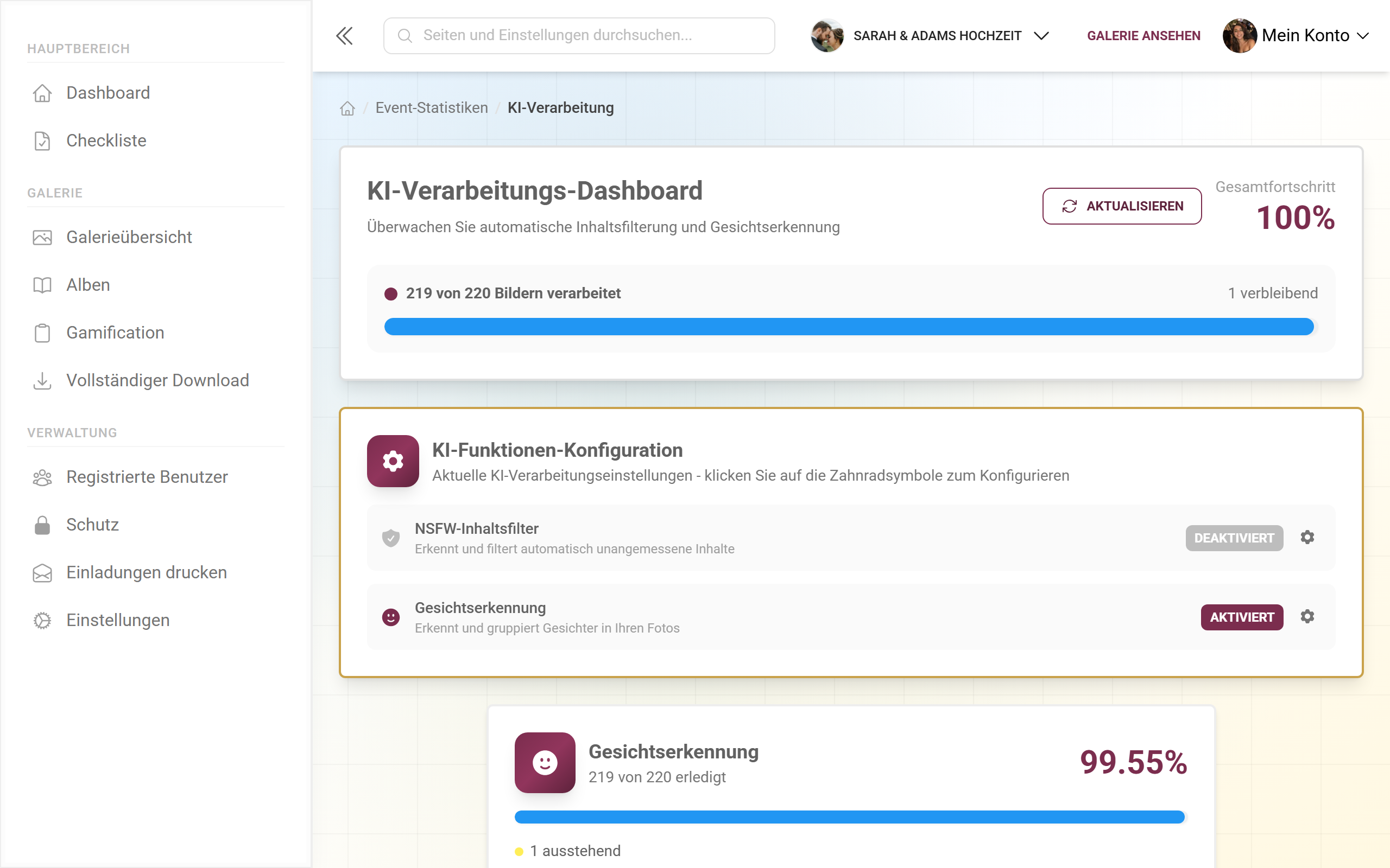 KI-Verarbeitungs-Dashboard mit NSFW-Filter und Gesichtserkennung