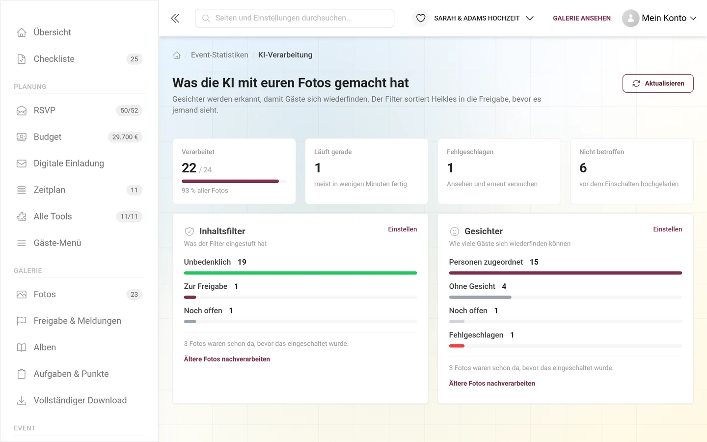 Seite „Was die KI mit euren Fotos gemacht hat“ mit vier Kennzahl-Kacheln und je einer Karte für Inhaltsfilter und Gesichter
