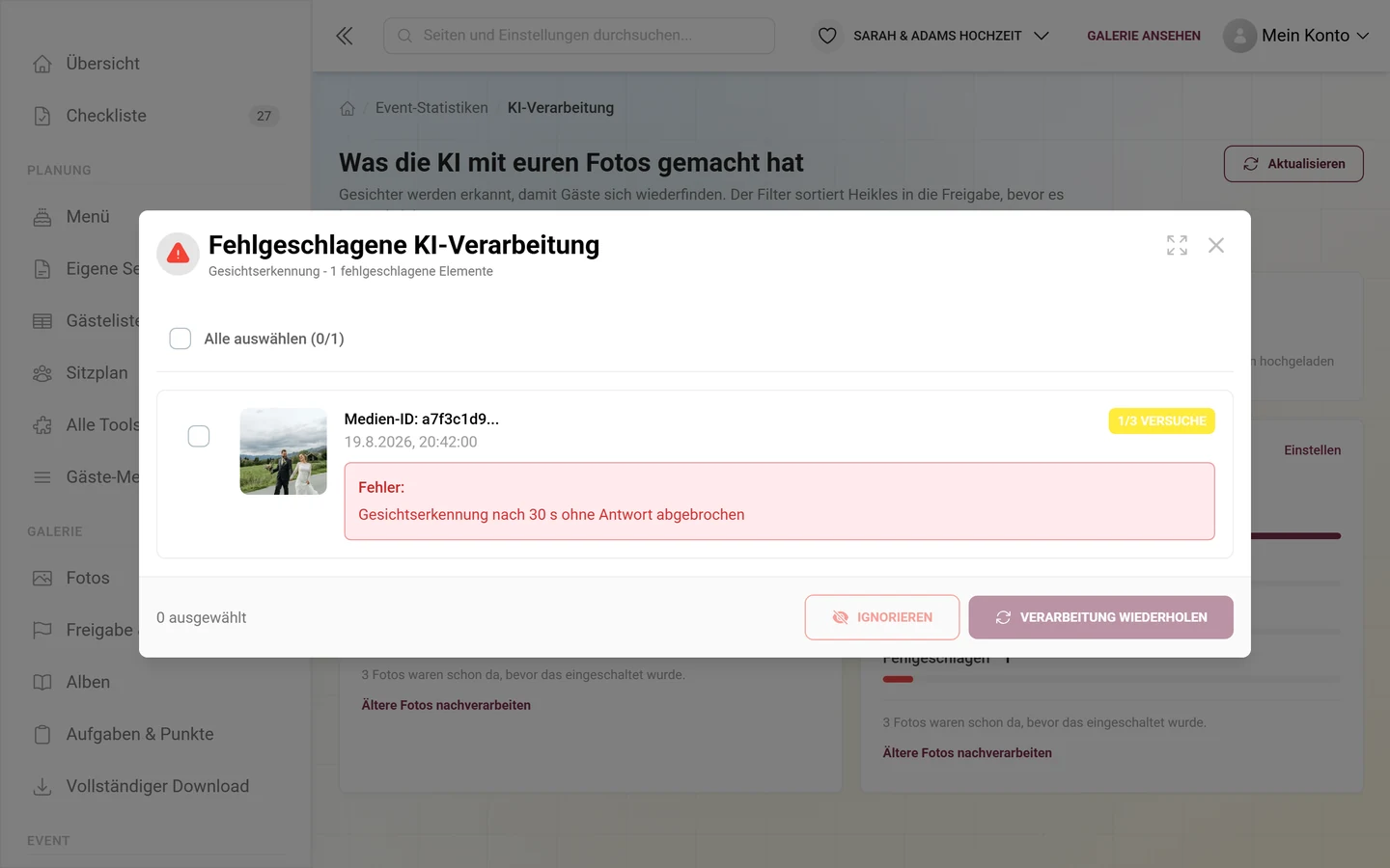 Dialog Fehlgeschlagene KI-Verarbeitung mit einem Eintrag samt Vorschaubild, Versuche-Chip und roter Fehlerbox