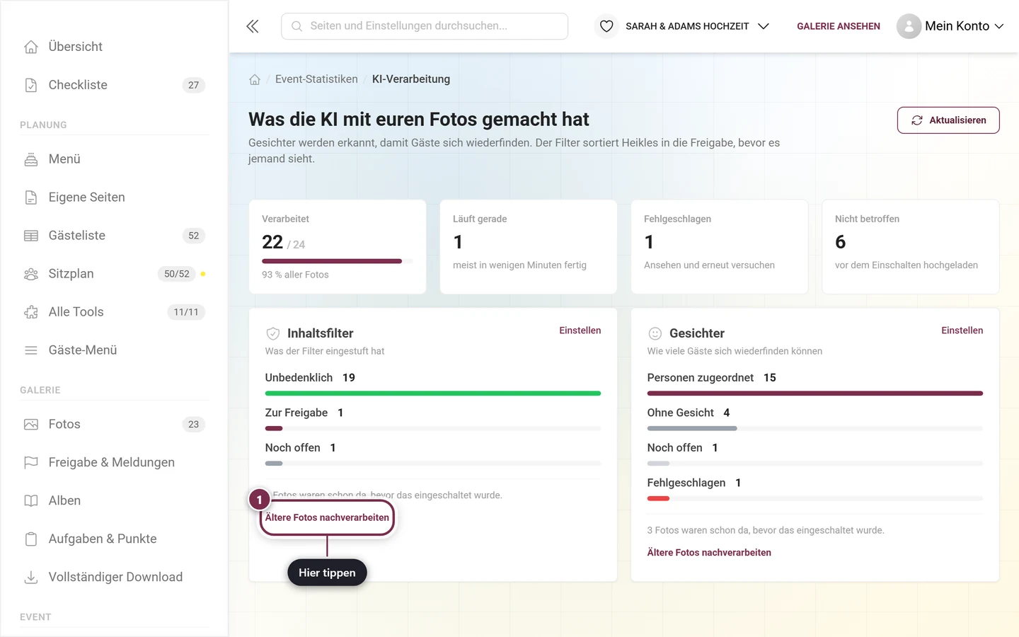 Funktions-Karte der KI-Verarbeitung mit markiertem Knopf Ältere Fotos nachverarbeiten