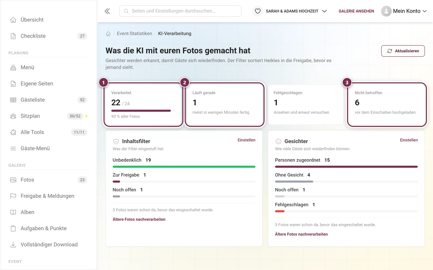 Kachelreihe der KI-Verarbeitung mit den markierten Kacheln Verarbeitet, Läuft gerade und Nicht betroffen