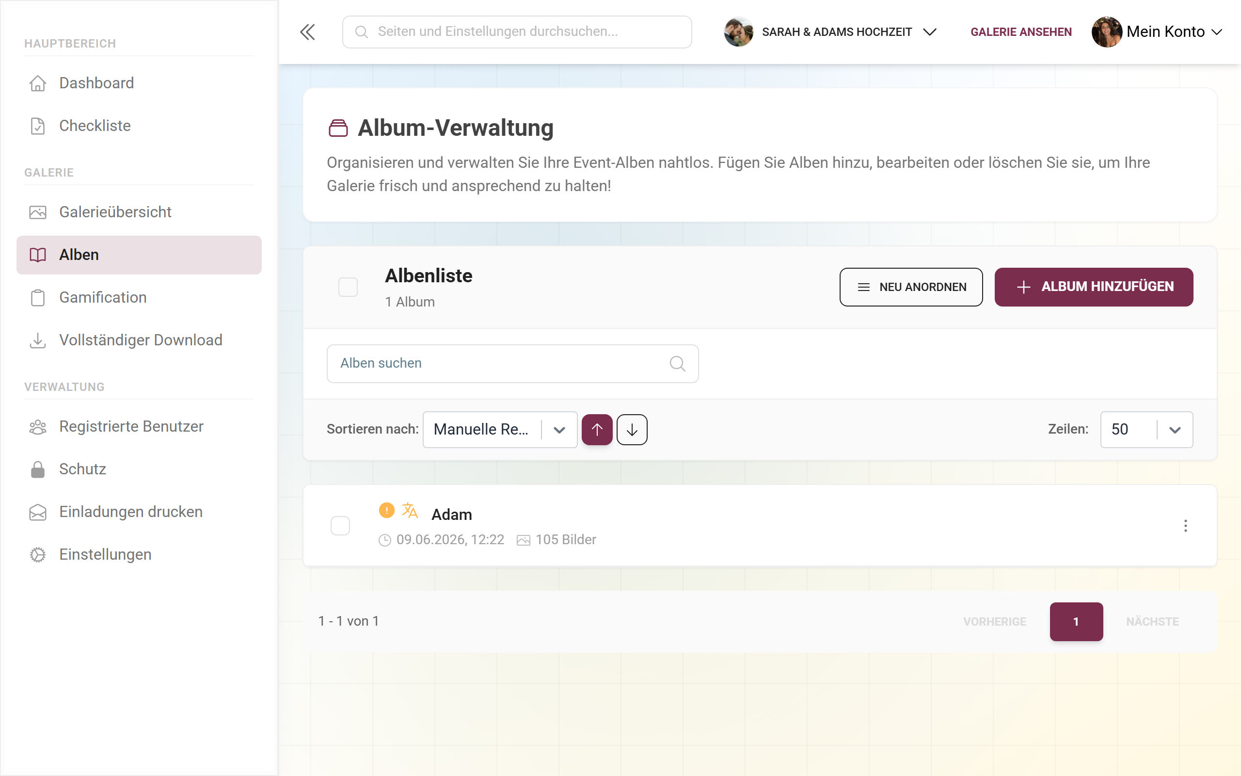Album-Manager mit Liste der Alben und Button zum Anlegen