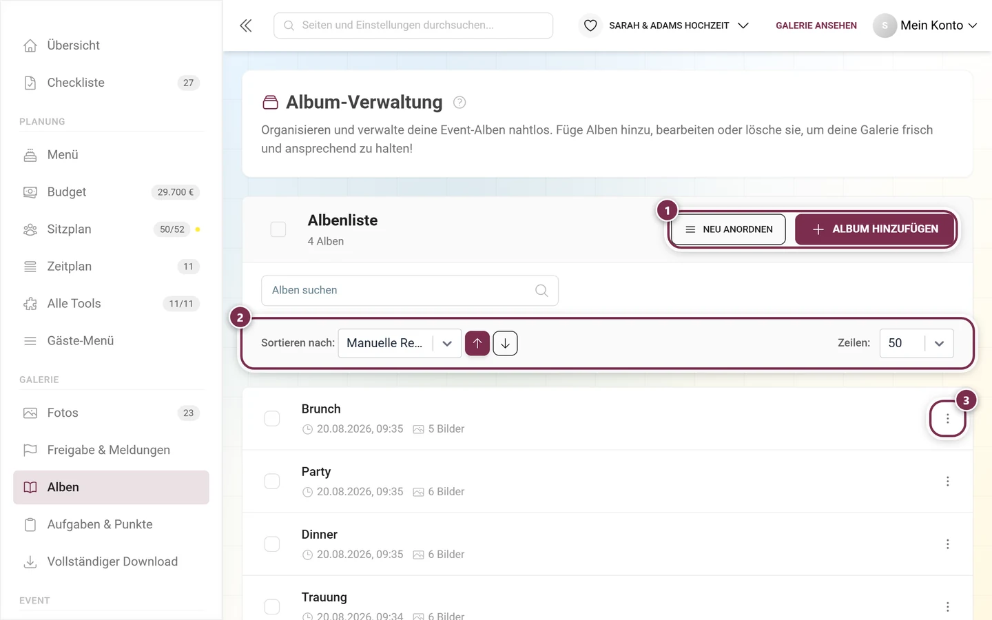 Album-Verwaltung mit Album-Liste, Suche, Sortierung und Neu-Button