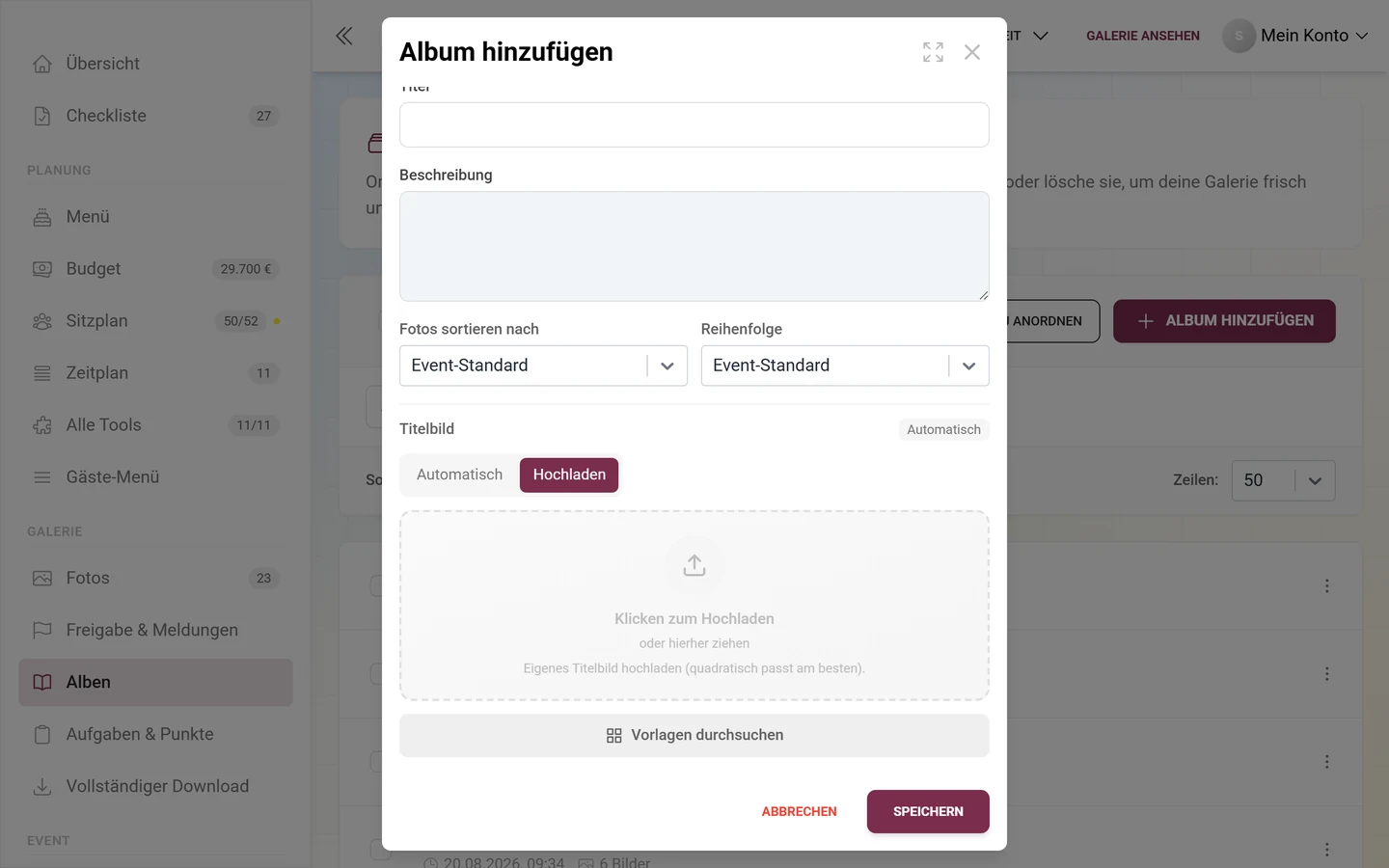 Titelbild-Block im Dialog Album hinzufügen mit den Reitern Automatisch und Hochladen