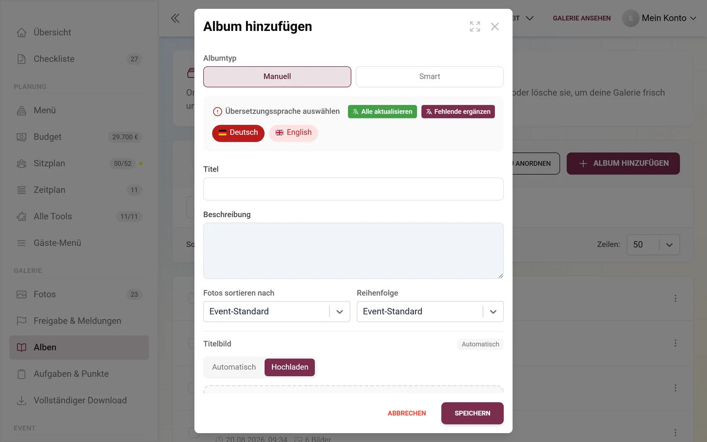 Dialog zum Anlegen eines Albums mit Albumtyp, Titel, Beschreibung, Foto-Sortierung und Titelbild