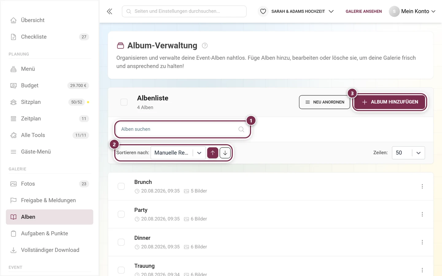 Kopfzeile der Album-Verwaltung mit markiertem Suchfeld, markierter Sortierung und markiertem Knopf Album hinzufügen