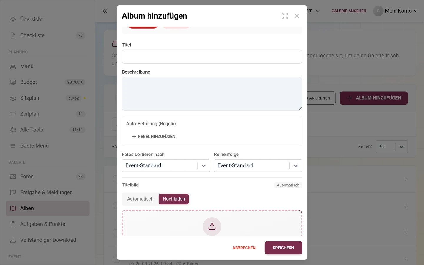 Album-Dialog mit dem Block Auto-Befüllung (Regeln) und dem Knopf Regel hinzufügen