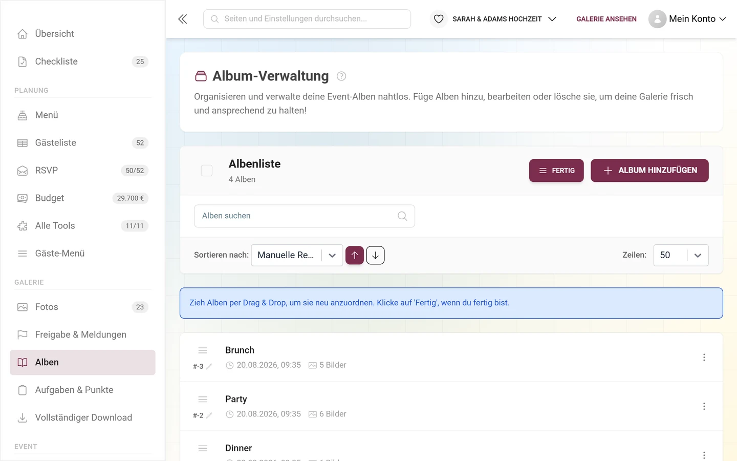 Album-Verwaltung im Sortiermodus mit Hinweis auf Drag & Drop und dem Knopf Fertig
