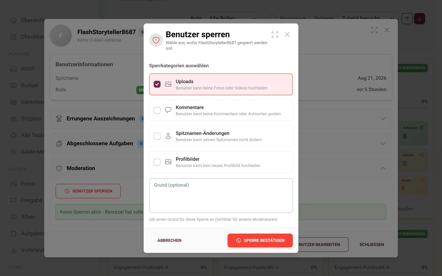 Dialog Benutzer sperren mit den vier Kategorien, angehaktem Uploads und dem Feld Grund