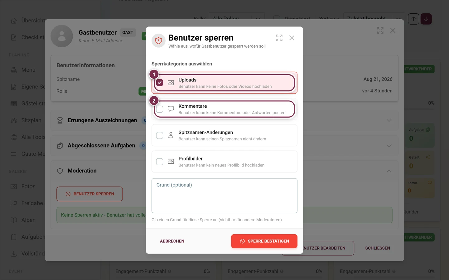 Dialog Sperrkategorien auswählen mit den markierten Karten Uploads und Kommentare