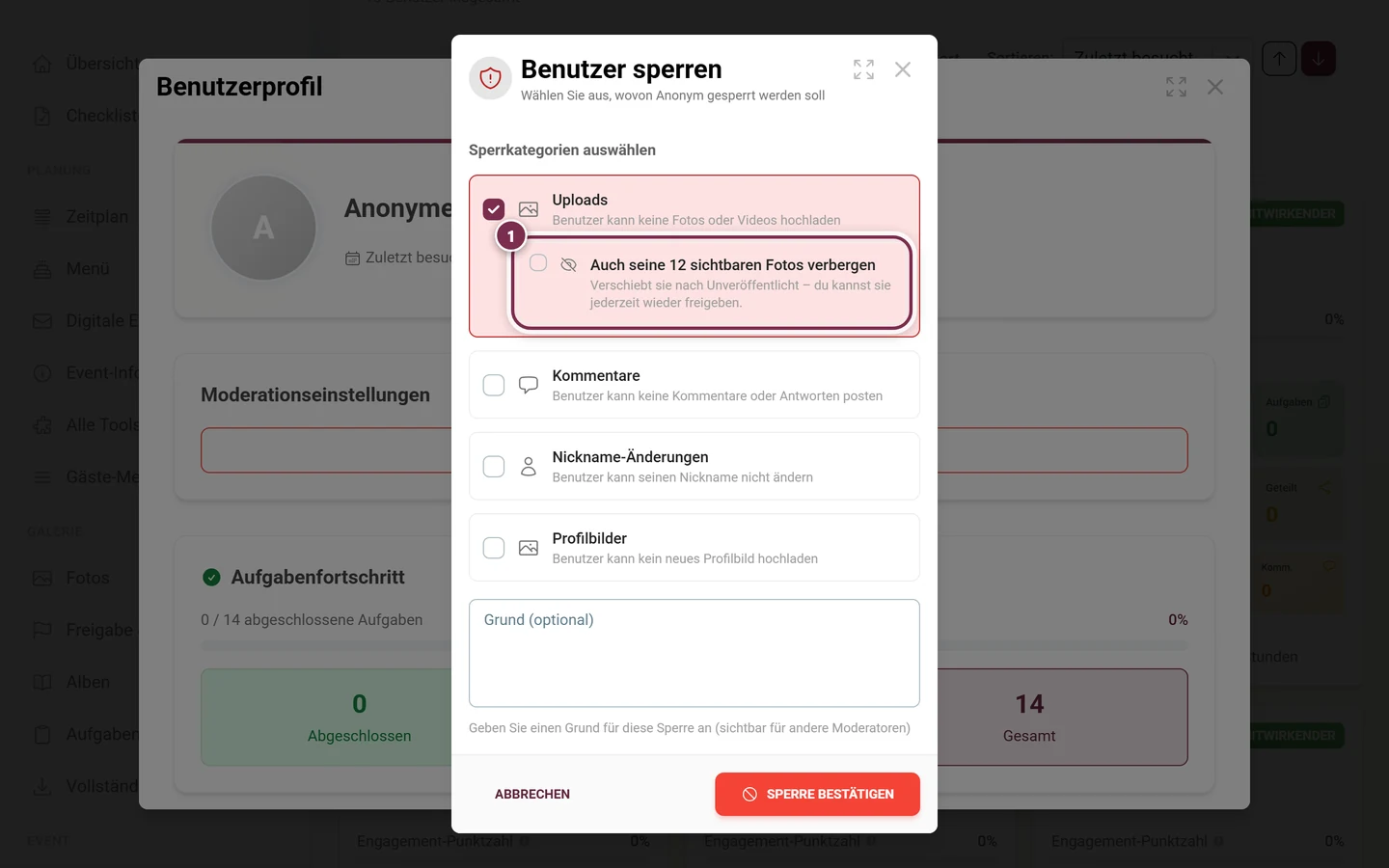 Sperr-Dialog mit angehakter Kategorie Uploads und der eingerückten Aufräum-Zeile darunter