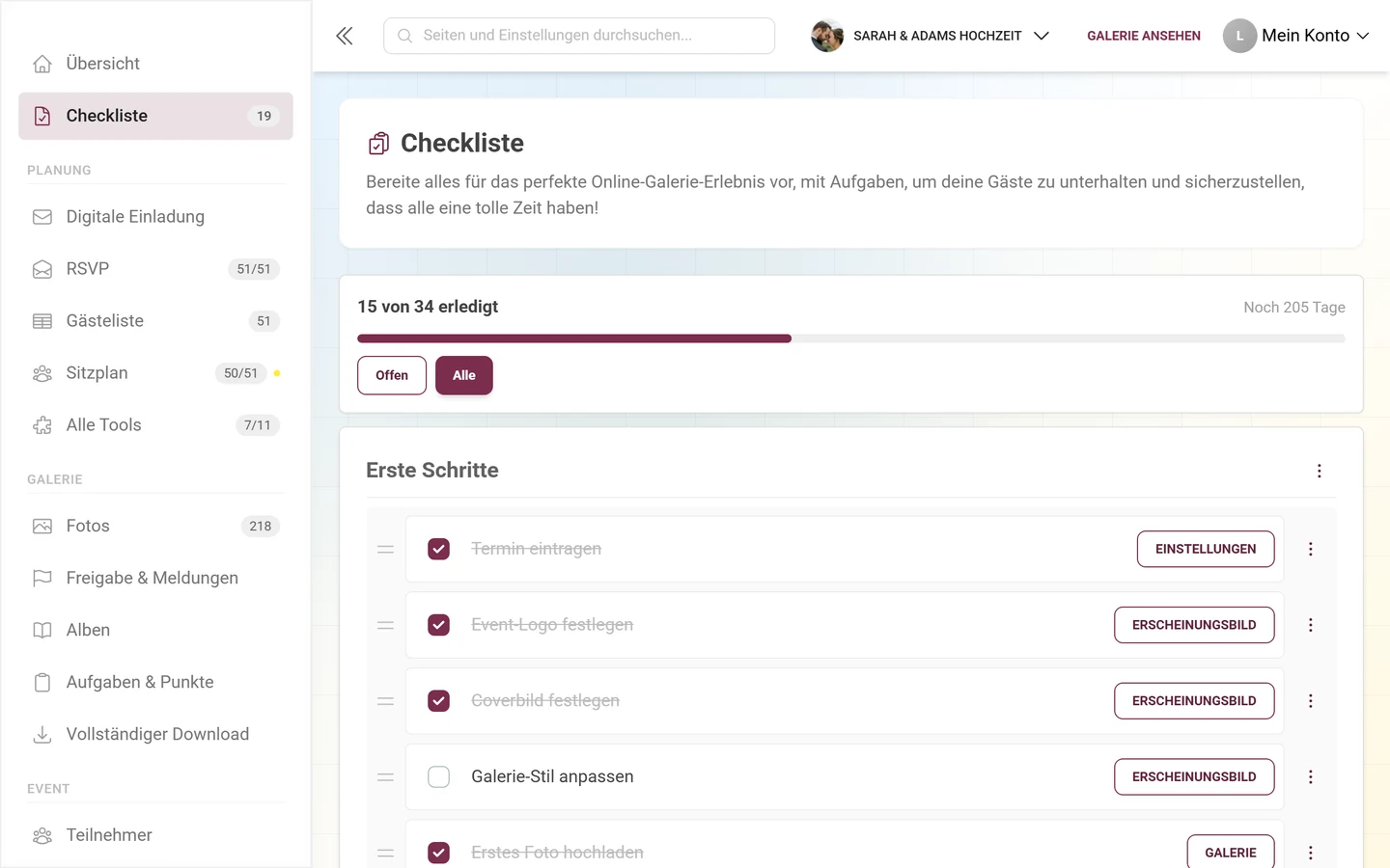 Einrichtungs-Checkliste mit Fortschrittskopf, Kategorien und Aufgaben