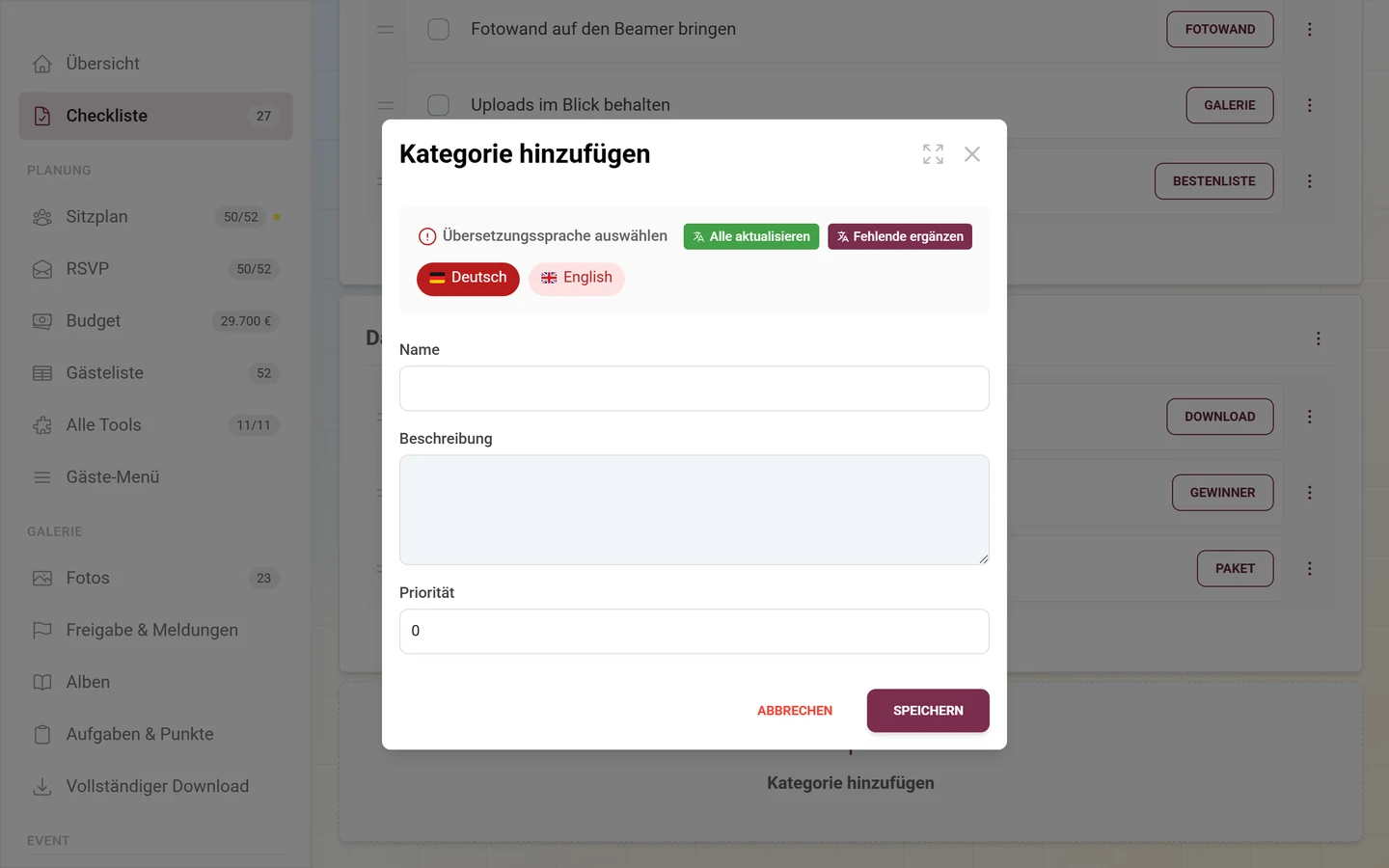 Dialog Kategorie hinzufügen mit Sprachumschaltung, Name, Beschreibung und Priorität