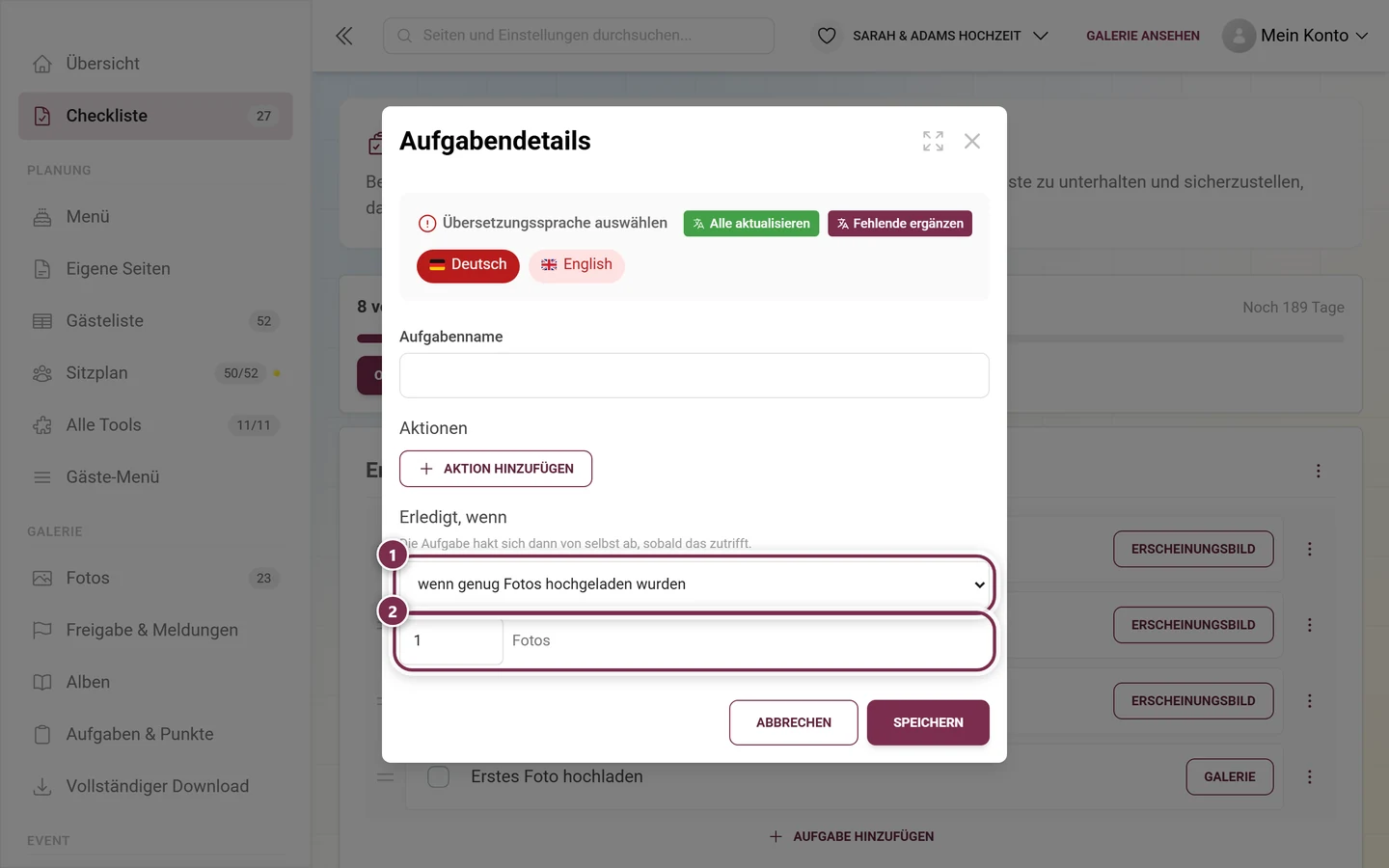 Dialog Aufgabendetails mit der Auswahl Erledigt wenn und dem eingeblendeten Zahlenfeld