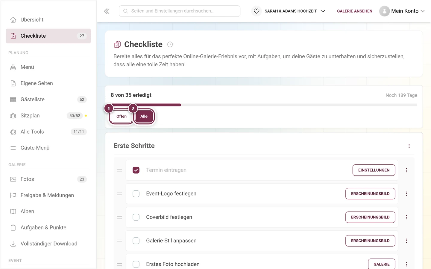 Kopf der Checklisten-Vollansicht mit den markierten Filterknöpfen Offen und Alle