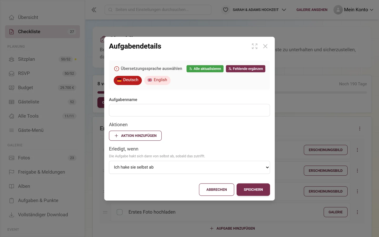 Dialog Aufgabendetails mit Sprachumschaltung, Aufgabenname, Aktion hinzufügen und der Auswahl Erledigt, wenn