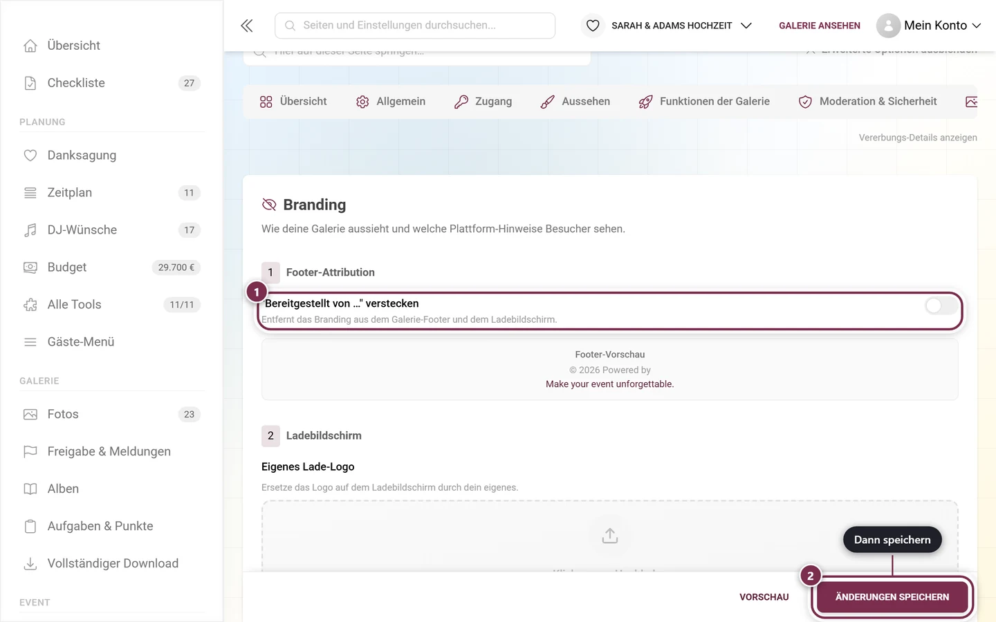 Abschnitt Footer-Attribution mit markiertem Schalter und markierter Speicherleiste